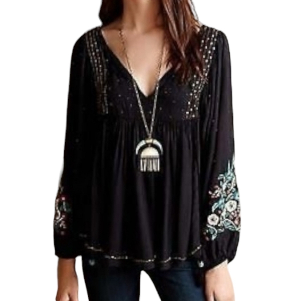 Anthro Floreat Austral Black Beaded Embroidered Boho Peasant Blouse - Size Small